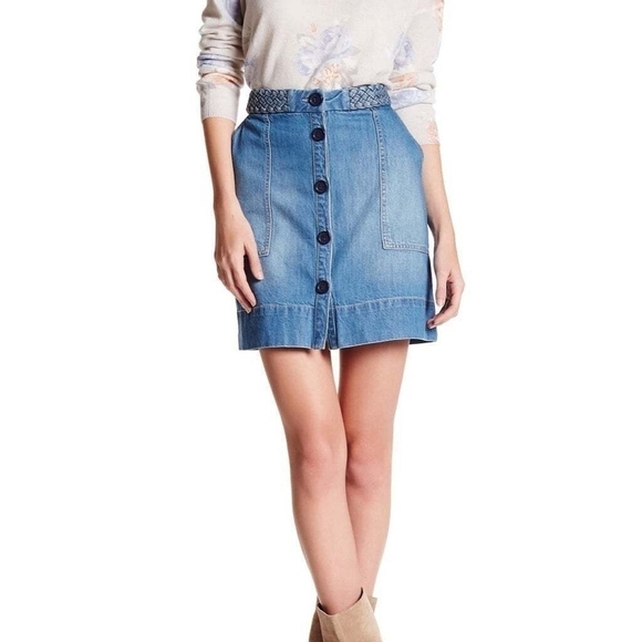 Joie Blue Denim Braided Cotton Linen High Rise Button-Up Pencil Mini Skirt - Picture 1 of 11